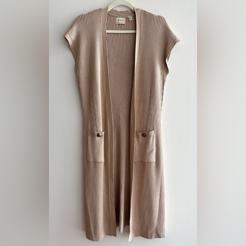 Elie Tahari Ribbed Long Cardigan Sweater, Tan, Women’s Short Sleeve Vest, Large